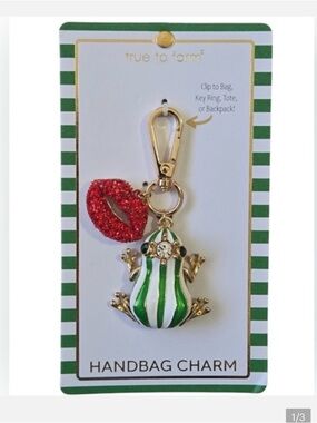 True to Form Green & White Striped Frog Handbag Charm with Red Lip Charm - CUTE